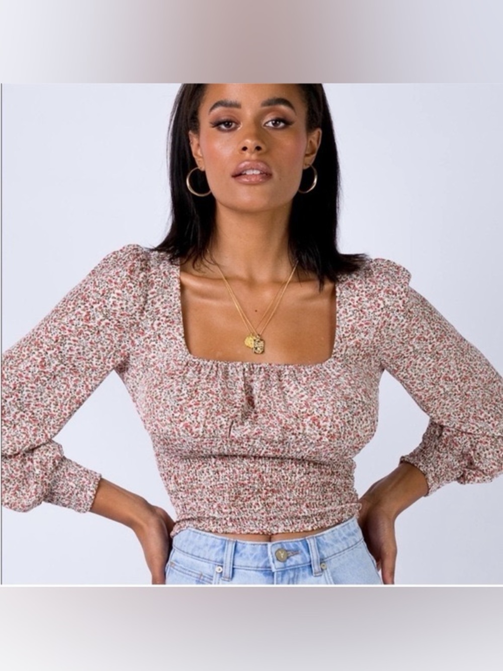 Princess Polly Pink Floral‎ Smocked Square-Neck Crop Top